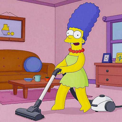 Cartoon-style image of yellow-skinned woman with large blue hair, green dress, and red necklace vacuuming pink carpet in pink-walled living room