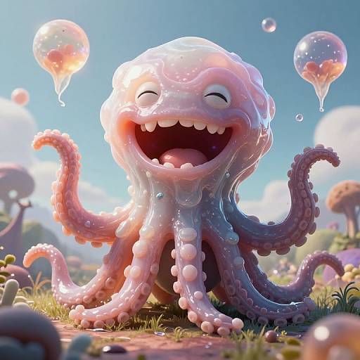 CGI cartoon of a happy, gelatinous pink octopus with closed eyes and wide grin, surrounded by floating bubbles in a sunny, colorful,