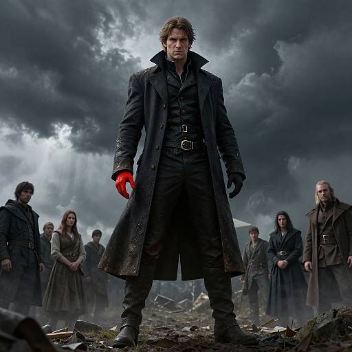 Photograph of a brooding man in a long black coat, red glove, standing amid stormy clouds with a group of dark-clad, som