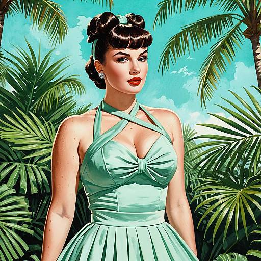 Retro Pin-Up Woman in Mint Dress in Tropical Garden