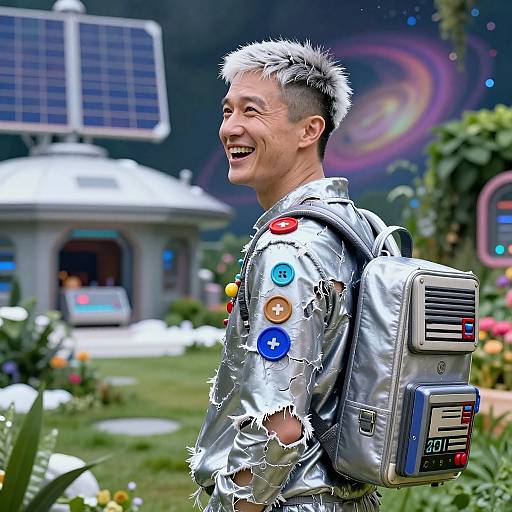 Photograph of a smiling man with spiky white hair, wearing a silver, torn jacket with colorful buttons, and a futuristic backpack, standing in a