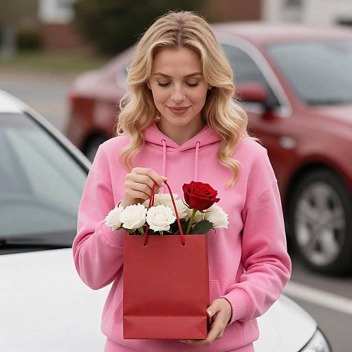 Blonde in Pink Hoodie with Gift