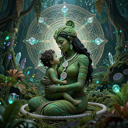 Digital artwork of a green-skinned, exotic, goddess-like woman with intricate patterns, holding a curly-haired child in a glowing, mystical forest. Magical