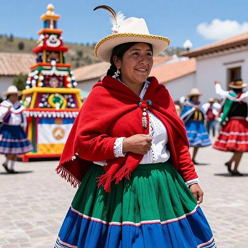 Photograph of smiling Indigenous Andean woman in red shawl, white hat with feather, green and blue skirt, traditional village festival, colorful background,