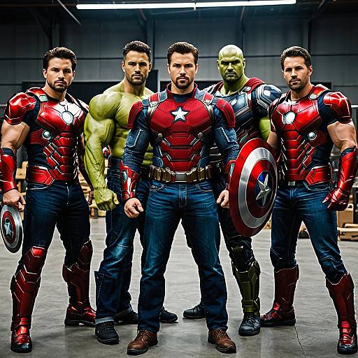 Group of Superhero Cosplayers in Power Armor