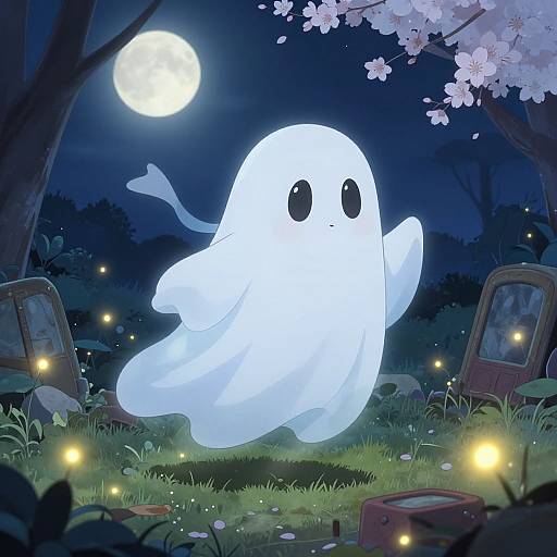 Ethereal Anime Ghost Child in Moonlit Garden