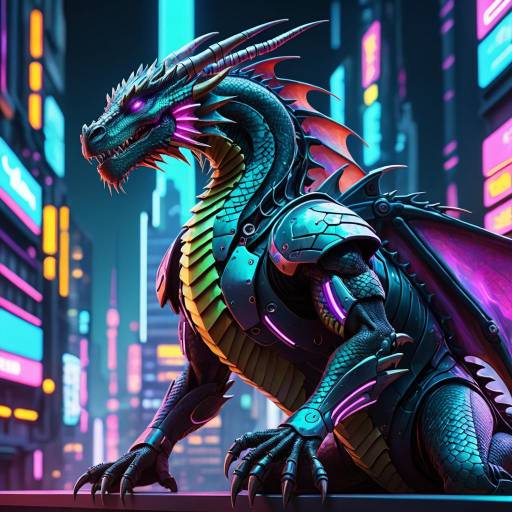Vibrant Cybernetic Dragon in Cyberpunk City