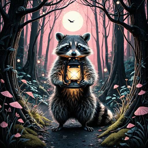 Raccoon Holding Lantern in Mystical Forest