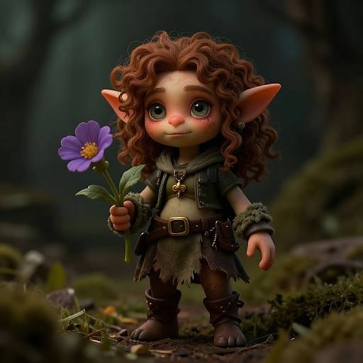 CGI fantasy image of a cute, curly-haired goblin holding a purple flower in a dark forest. Wearing tattered clothing and a gold necklace