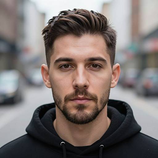 Photograph of a young Caucasian man with short dark hair, beard, and mustache, wearing a black hoodie, standing on a blurred city street.