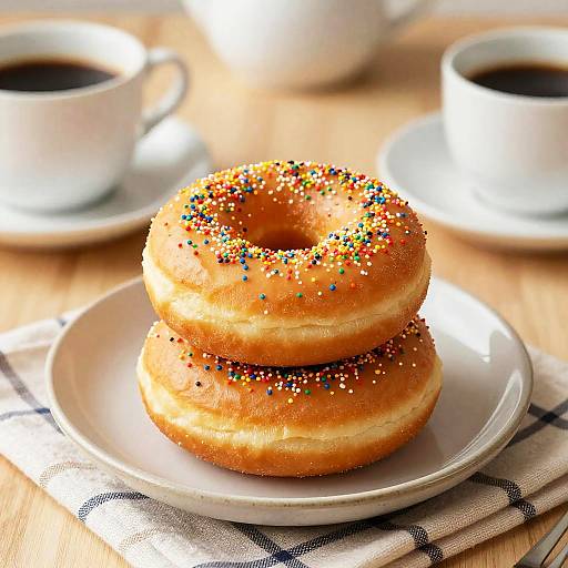 Photograph of two glazed donuts with colorful sprinkles, stacked on a white plate, alongside two cups of black coffee on a wooden table.