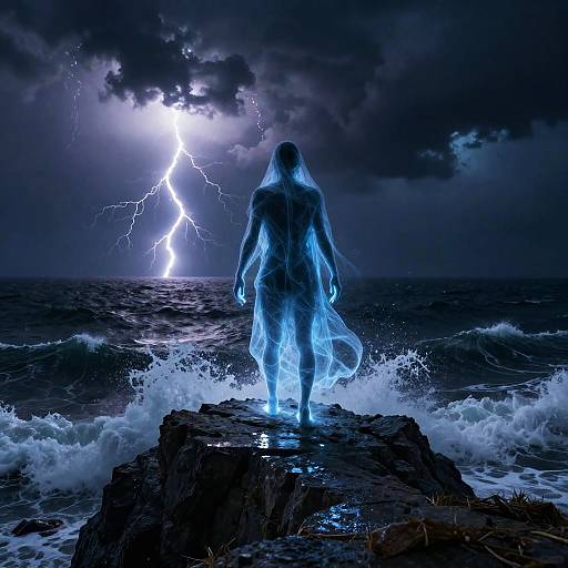 Ghostly figure in blue mist stands on rocky shore, facing stormy ocean with bright lightning bolt in dark, stormy sky.