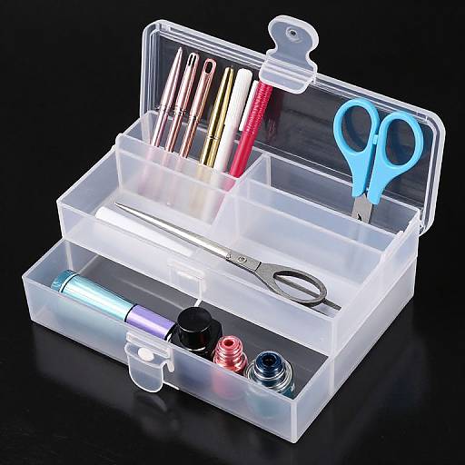 Photograph of a transparent plastic storage case with compartments holding scissors, metal tools, red and gold pens, blue scissors, and small jars on a black