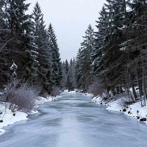 Photograph of a frozen river flanked by tall, snow-covered evergreen trees under an overcast sky, creating a serene winter landscape.