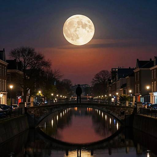 Photograph of a serene canal at night, reflecting moonlight, with a large, bright full moon in a purple-orange sky, silhouetted