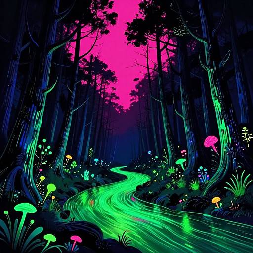 Digital illustration of a neon-lit forest with a glowing green path, vibrant mushrooms, and trees against a vivid pink sky.