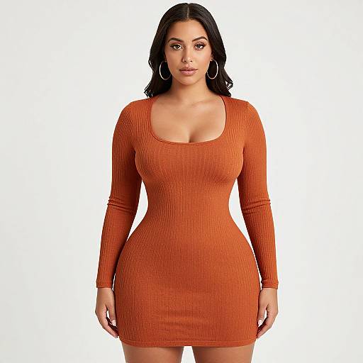 Photograph of a curvy woman with long black hair, wearing a tight, orange ribbed long-sleeve dress, standing against a white background