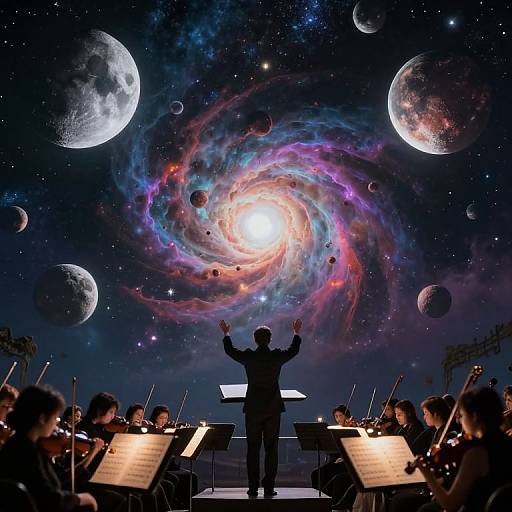 Conductor with arms raised, standing before an orchestra, against a cosmic backdrop of swirling galaxies and planets. Digital art.