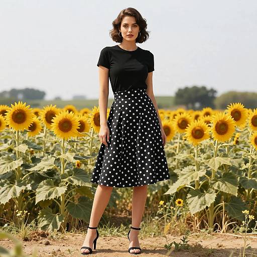 Retro Chic Woman in Sunflower Field