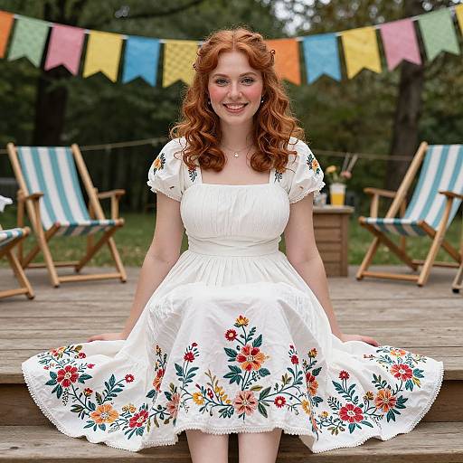 Cheerful Woman in Embroidered Party Gown