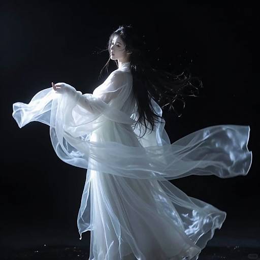 Photograph of a woman with long black hair, wearing a flowing, translucent white dress, illuminated by bright light against a dark background. Her dress bill