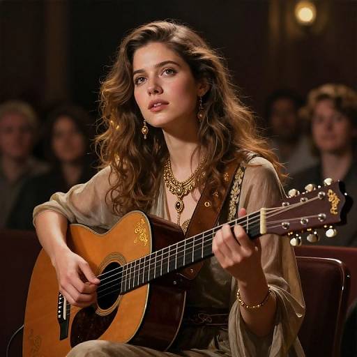 Photograph of a young woman with wavy brown hair, wearing a gold necklace and sheer blouse, playing an acoustic guitar on stage.