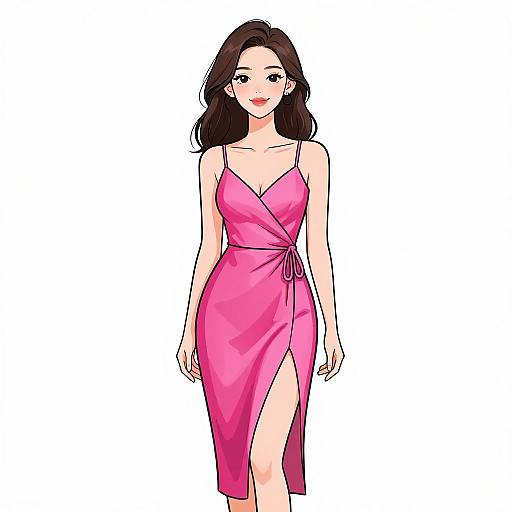 Digital illustration of a smiling woman with long brown hair, wearing a pink, sleeveless, wrap-style dress with a high slit, standing against a plain