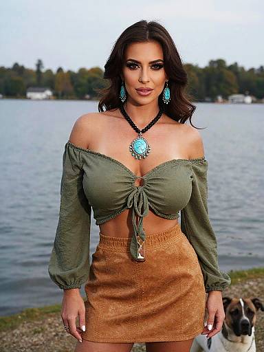 Photograph of a confident woman with dark wavy hair, wearing an off-shoulder green top and tan skirt, turquoise earrings, and blue pendant
