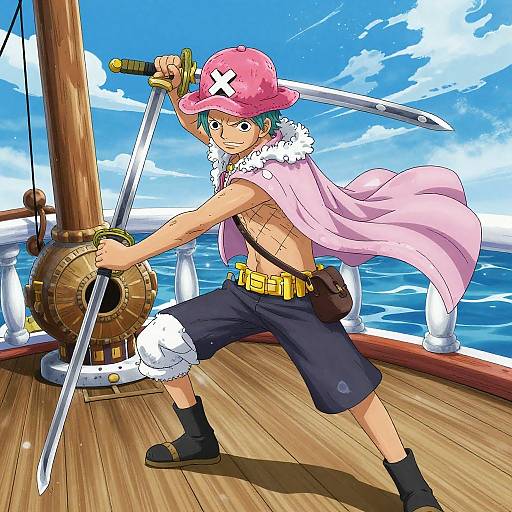 Digital anime-style drawing of a muscular pirate boy with green hair, pink cap, pink cape, black pants, and two swords, standing on a wooden