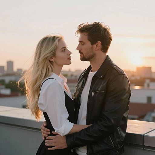 Romantic Rooftop Embrace at Sunset