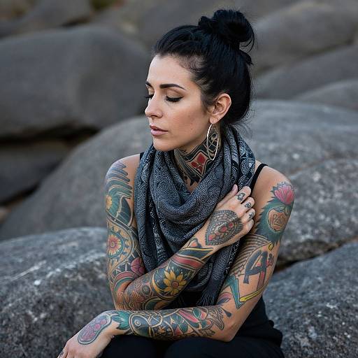 Serene Tattooed Woman in Rocky Landscape
