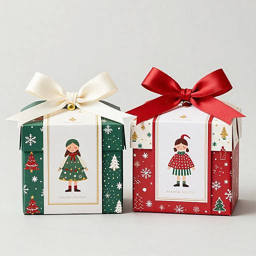 Photograph of two festive gift boxes: one green with white bow and Christmas tree design, one red with red bow and snowflake pattern, both featuring