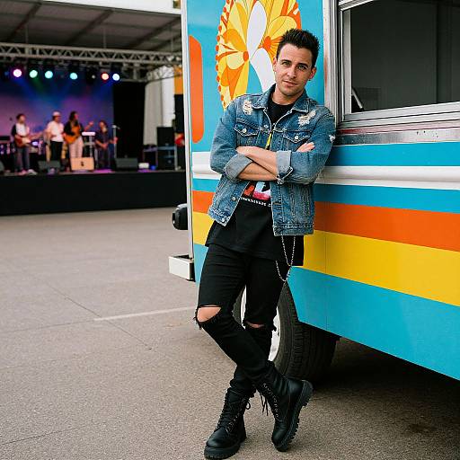 Photograph of a confident man with short dark hair, wearing a denim jacket, black ripped jeans, and boots, leaning against a colorful bus in an