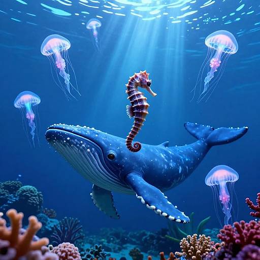 Photograph of a blue whale with a striped sea urchin on its back, surrounded by glowing jellyfish, underwater coral reef.
