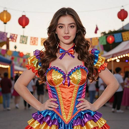 Photograph of a young woman with long brown hair, wearing a colorful, ruffled carnival costume with orange, yellow, blue, and purple accents,
