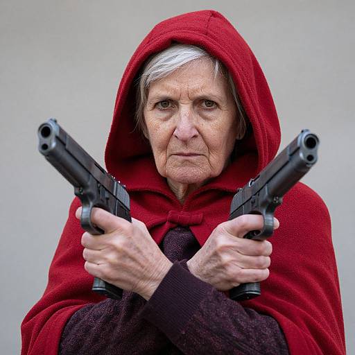 Photograph of an elderly white woman with gray hair, wearing a red hooded cloak, holding two black pistols, aiming forward with a determined expression.