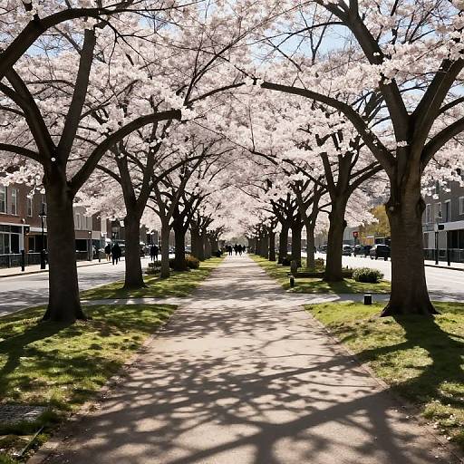 Photograph of a sunlit, tree-lined pathway with blooming cherry blossoms casting dappled shadows on the path and green grass. Urban buildings