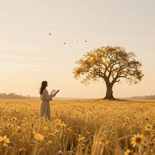 Photograph of a woman in a flowing dress, standing in a golden field of sunflowers, reading a book, with a lone tree in the background