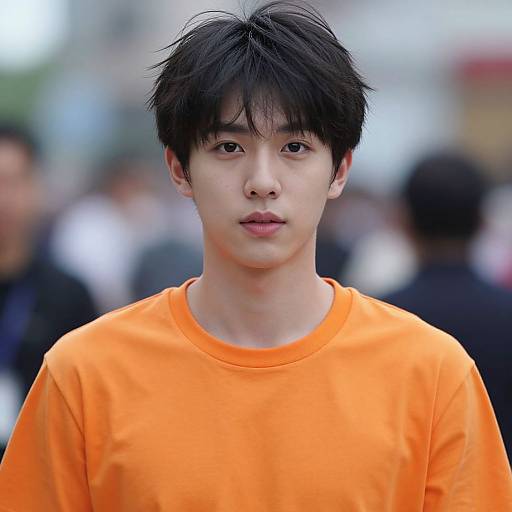 Photograph of an Asian young man with black, slightly messy hair, wearing an orange shirt, standing in a blurred, crowded urban background.