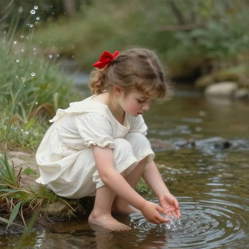 Photograph of a young girl with light brown hair, wearing a white dress and red bow, squatting by a gentle stream, gently touching the water