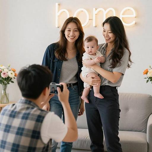Cheerful Family Photo with Neon Background