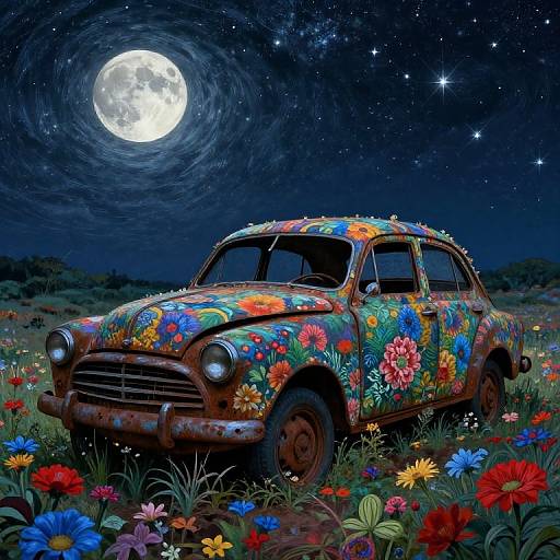 Digital artwork of a rusted, flower-covered vintage car under a moonlit, starry night sky, surrounded by vibrant, colorful flowers.