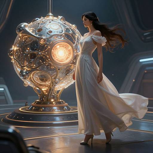 Digital art: Elegant woman in flowing white dress and heels stands beside glowing, futuristic, metallic orb with circular lights in dimly lit sci-fi setting.