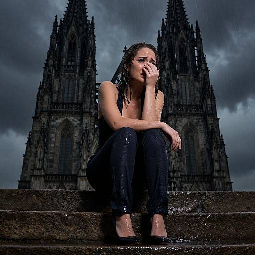 Photograph: Wet, somber woman in black pants and shoes, crouching on steps, hand on chin, Gothic cathedral with dark clouds behind