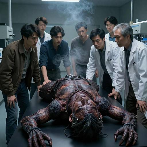 Scientists Examining Humanoid Creature in Laboratory