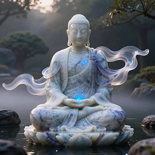 Photograph of a glowing blue-energy emitting marble Buddha statue with translucent, flowing robes, seated on a lotus in a misty, serene garden.