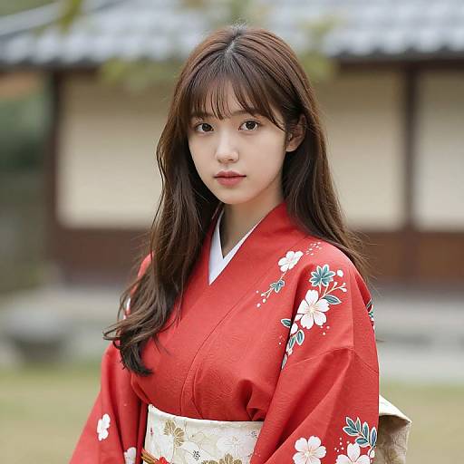 Asian Girl in Red Floral Kimono