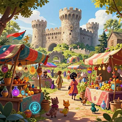 Vibrant digital illustration of a bustling medieval market with colorful stalls, glowing lanterns, fantasy creatures, and a grand castle in the background. Sunny