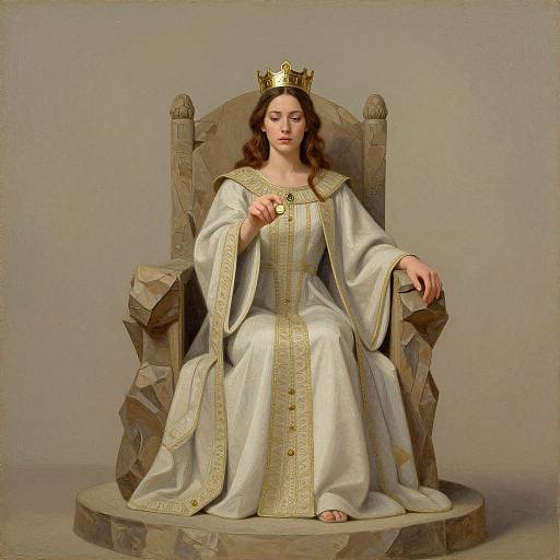Digital painting of a fair-skinned woman with brown hair, wearing a white and gold regal gown, crown, and seated on a stone throne.