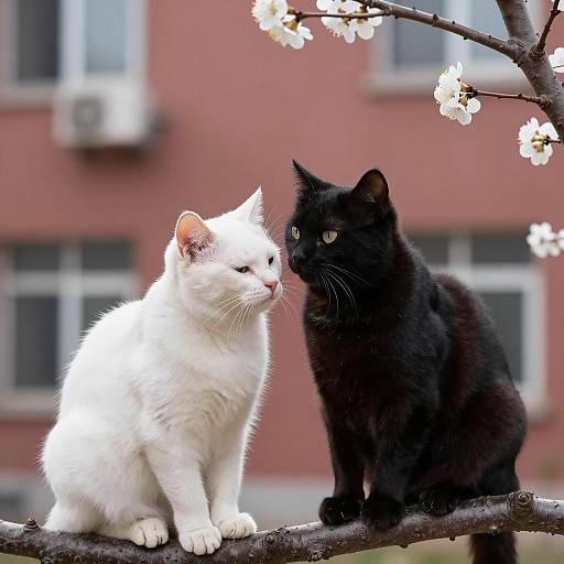 Black and White Cats Sitting on Flowering Tree Branch